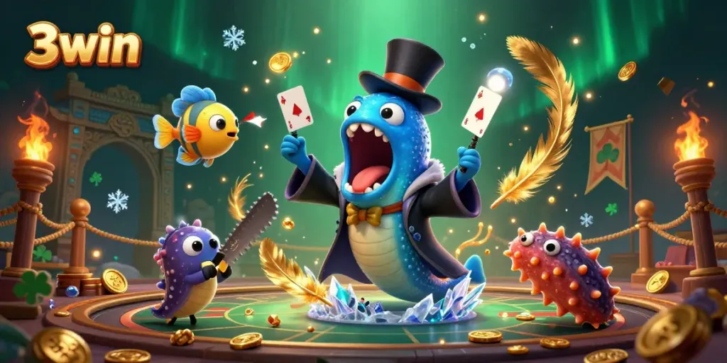3win showcases vibrant underwater casino illustration with unique sea creatures performing magic tricks.