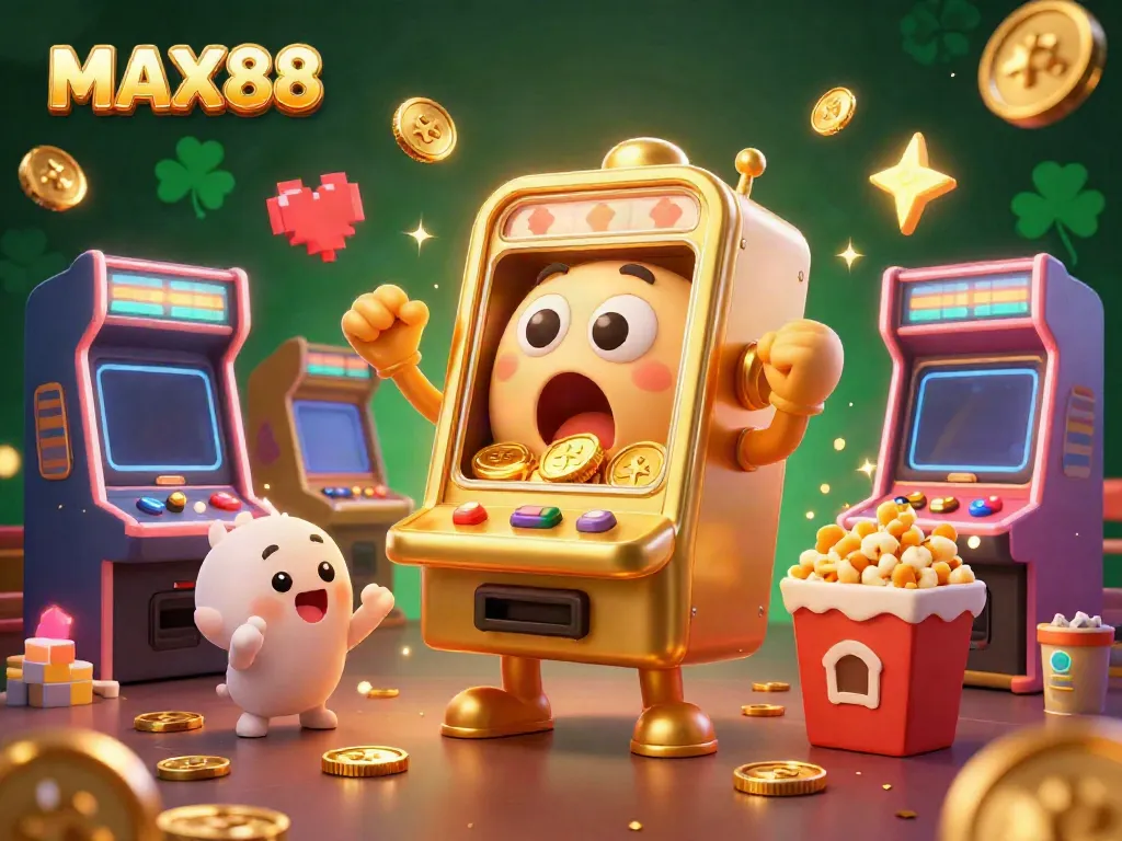 MAX88 brings excitement as a shocked golden slot machine hits a jackpot with cheering companions.